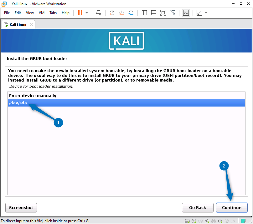 Selecting the Kali Linux drive for GRUB menu while installing it on VMware