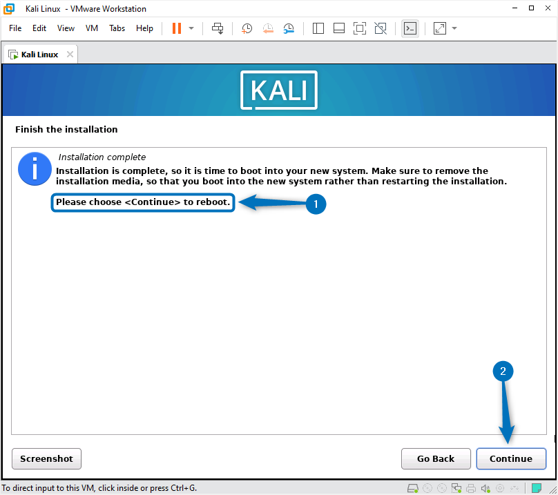 Rebooting Kali Linux once all the changes are done on VMware.