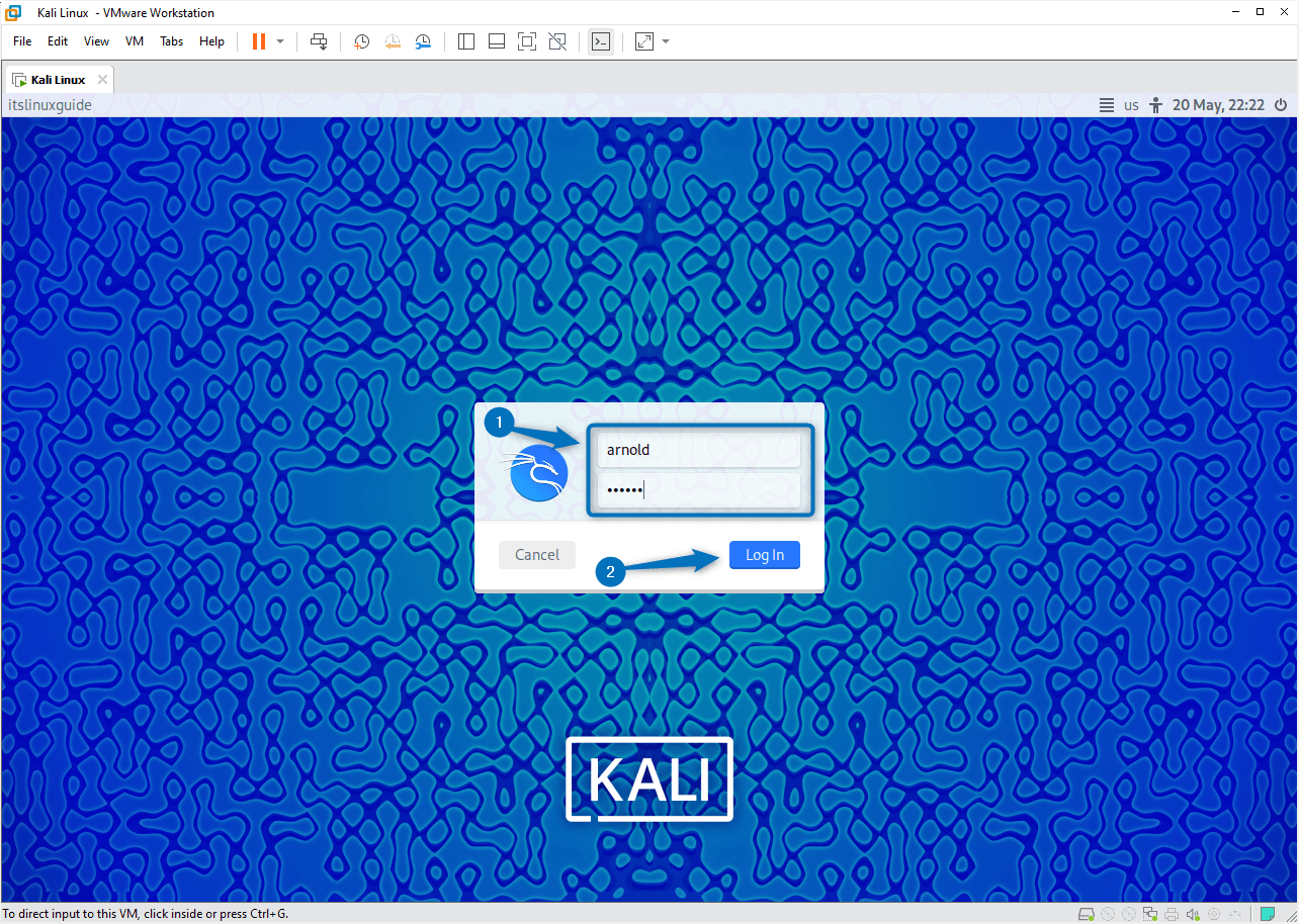 Kali Linux account Login screen on VMware.