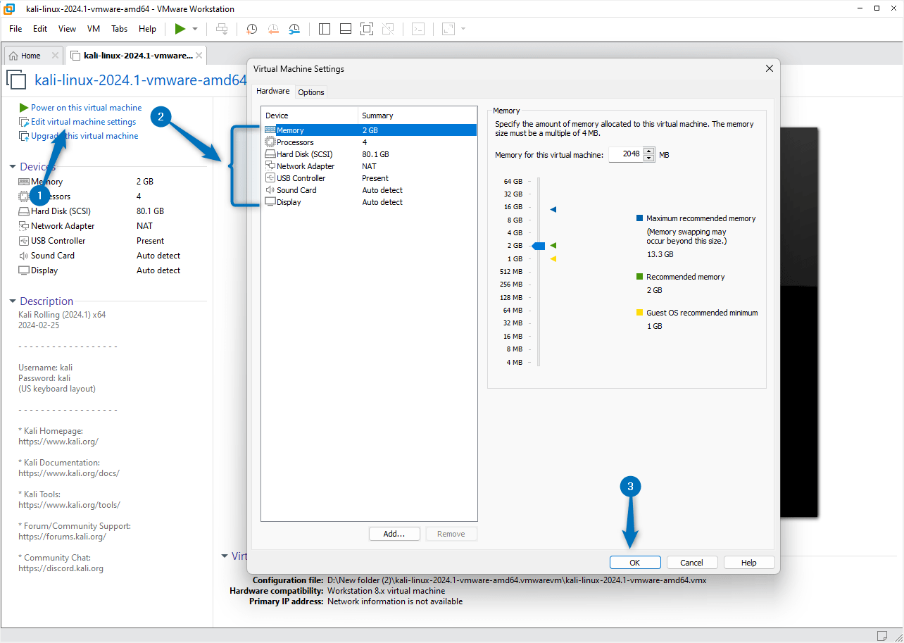 Kali Linux configuration settings while installing it on VMware using its pre-built image file.