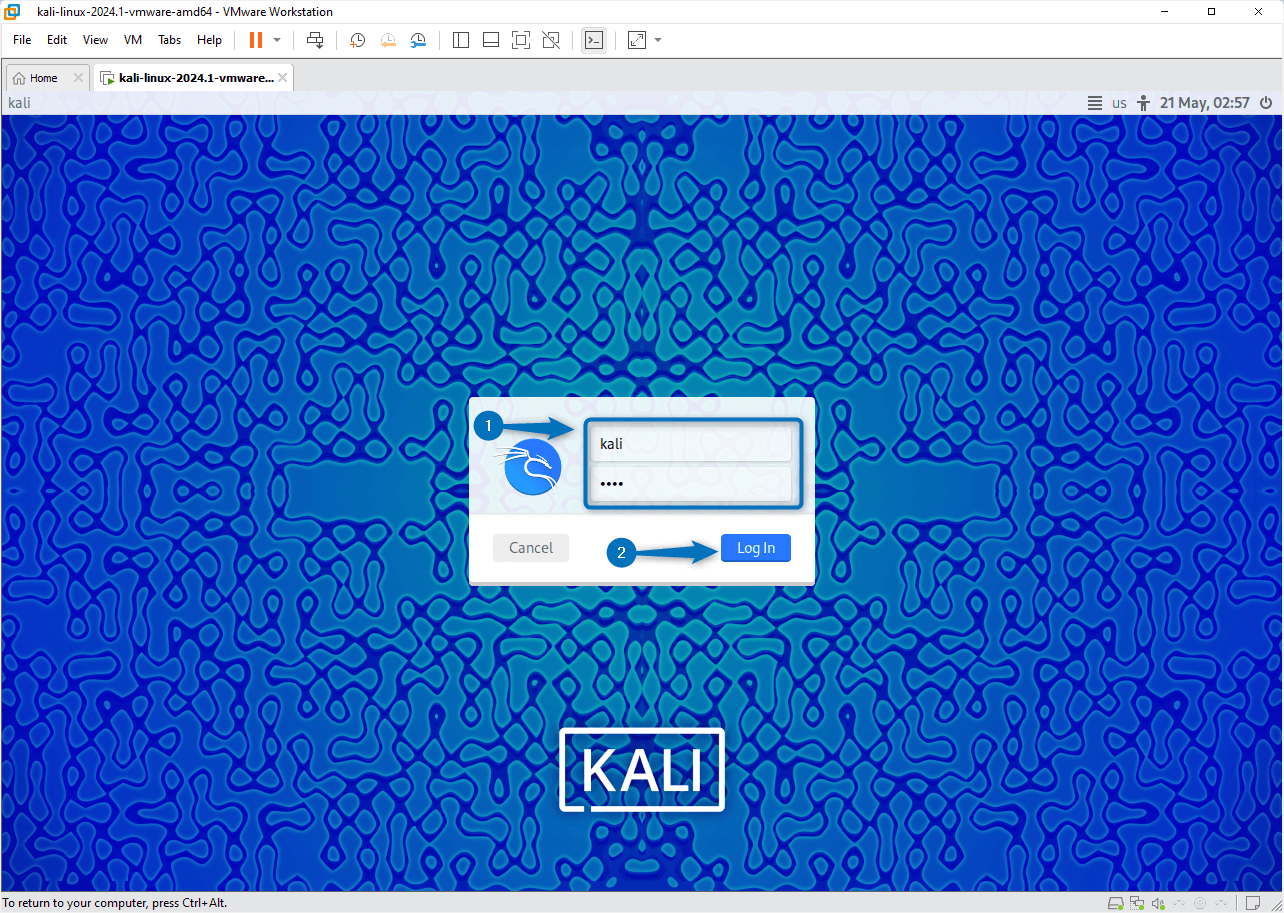 Kali Linux account Login screen on VMware.