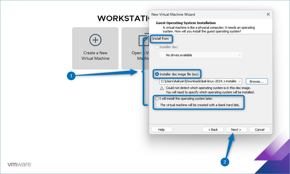 Adding the kali Linux installer file path in VMware while creating a virtual machine