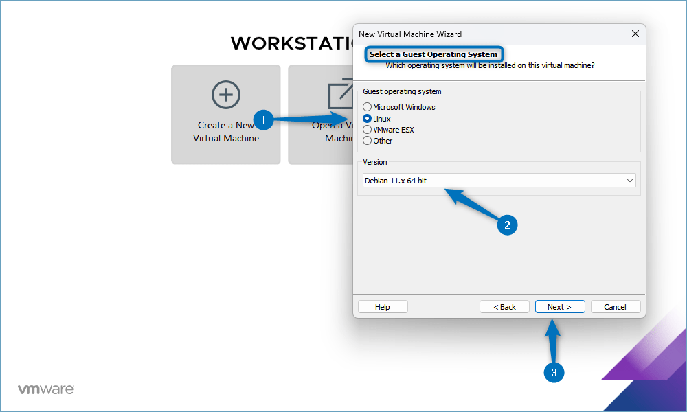 Selecting the Guest operating system version and type while creating Kali Linux virtual machine in VMware