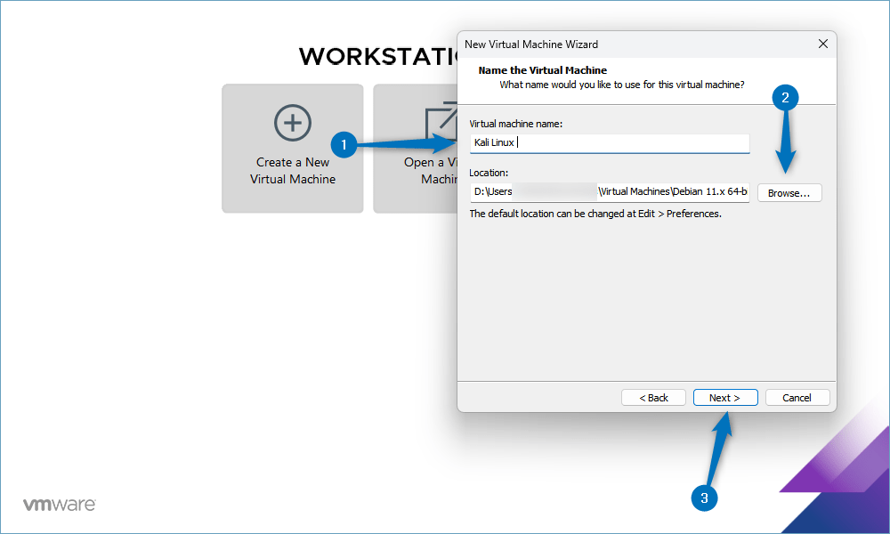 Setting the Kali Linux virtual machine name and installation directory while creating Kali Linux virtual machine in VMware