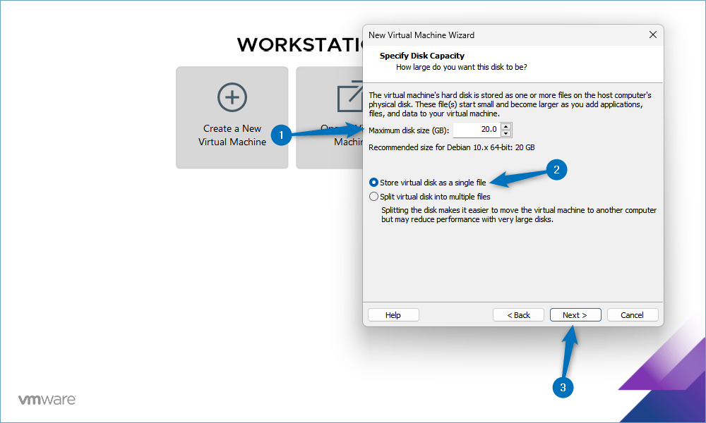 Allocating storage space for Kali Linux while creating its virtual machine on VMware