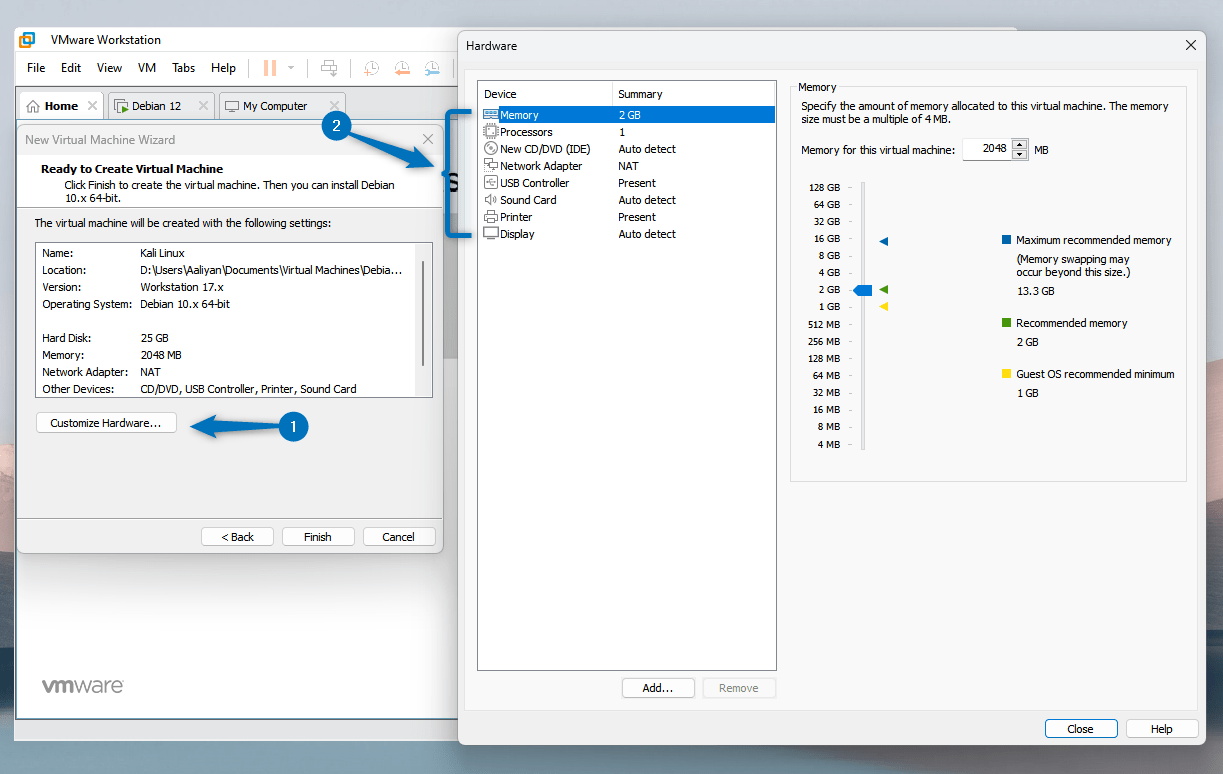 Hardware customisation setting for Kali Linux virtual machine on VMware