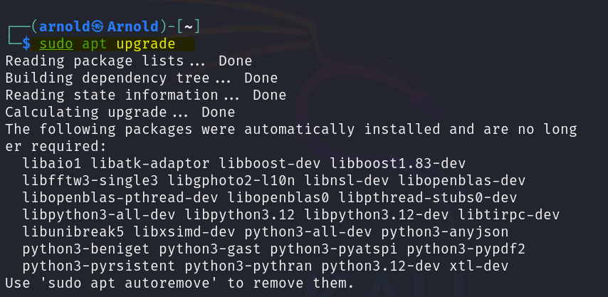 Upgrading the applications installed on Kali Linux using apt upgrade command