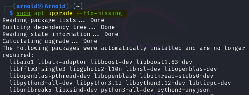 upgrading packages on Kali Linux using apt upgrade command along with --fix-missing flag to fix any errors encountered.