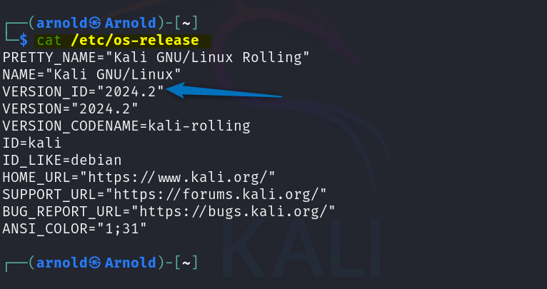 Checking Kali Linux version by reading os-release file using cat command after executing the apt full-upgrade command.