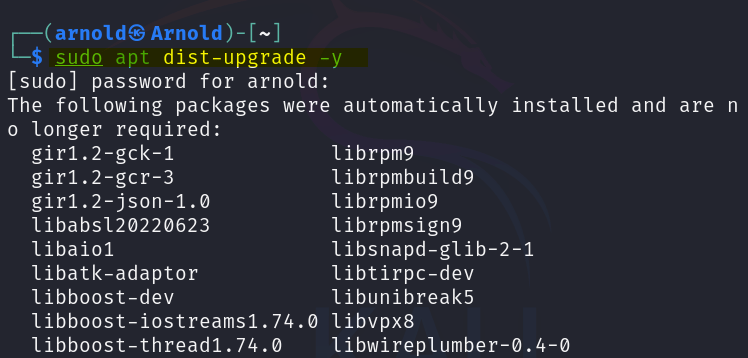 Updating Kali Linux comprehensively using the apt dist-upgrade command.