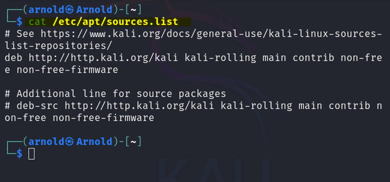 reading the Kali Linux sources.list file to verifying the details of repositories.