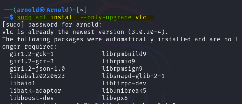 Updating a specific package on Kali Linux using install --only-upgrade command