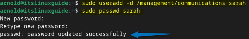 Adding user in Debian to a separate home directory and setting its password using useradd and passwd command.