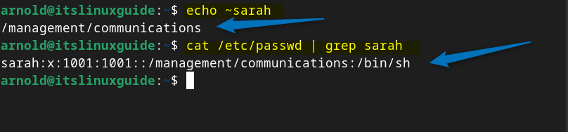 Verifying user directory by two ways that is by executing echo`[user-name] and cat /etc/passwd | grep [user-name] command in Debian.