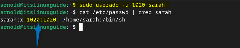 Adding a user in Debian 12 with custom user ID and then verifying it by using the cat /etc/passwd | grep [user-name] command. 