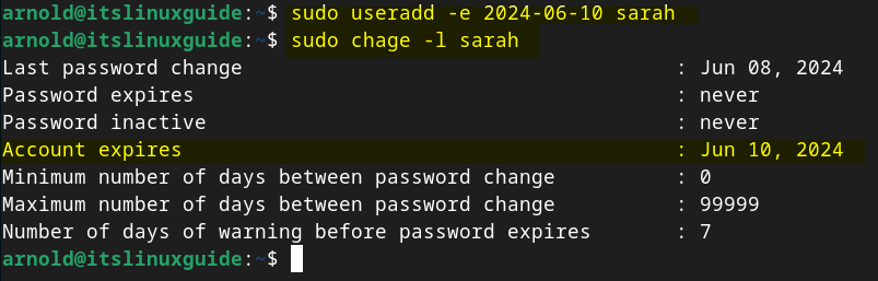 Adding a user in Debian 12 with expiration date using useradd command. Also verifying account expiry date using sudo chage -l [user-name] command.