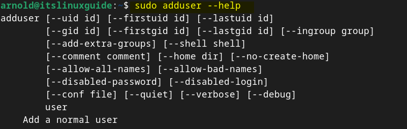 Executing help command for adduser for getting any additional information on Debian