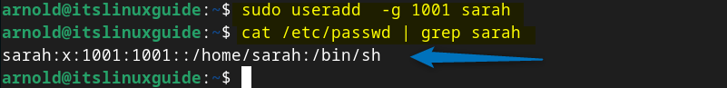 Adding user with custom group ID in Debian using the useradd command. Also verifying the group ID using the cat /etc/passwd | grep [user-name] command. 