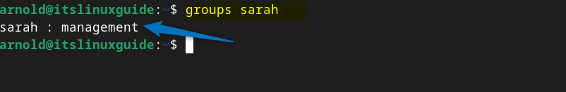 Verifying the user group by executing groups [user-name] command