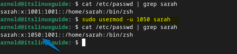 Setting a custom user ID for a user in Debian and verifying it by executing cat /etc/passwd | grep [user-name]