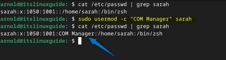 Adding an information for a user in Debian and verifying it by executing cat /etc/passwd | grep [user-name]