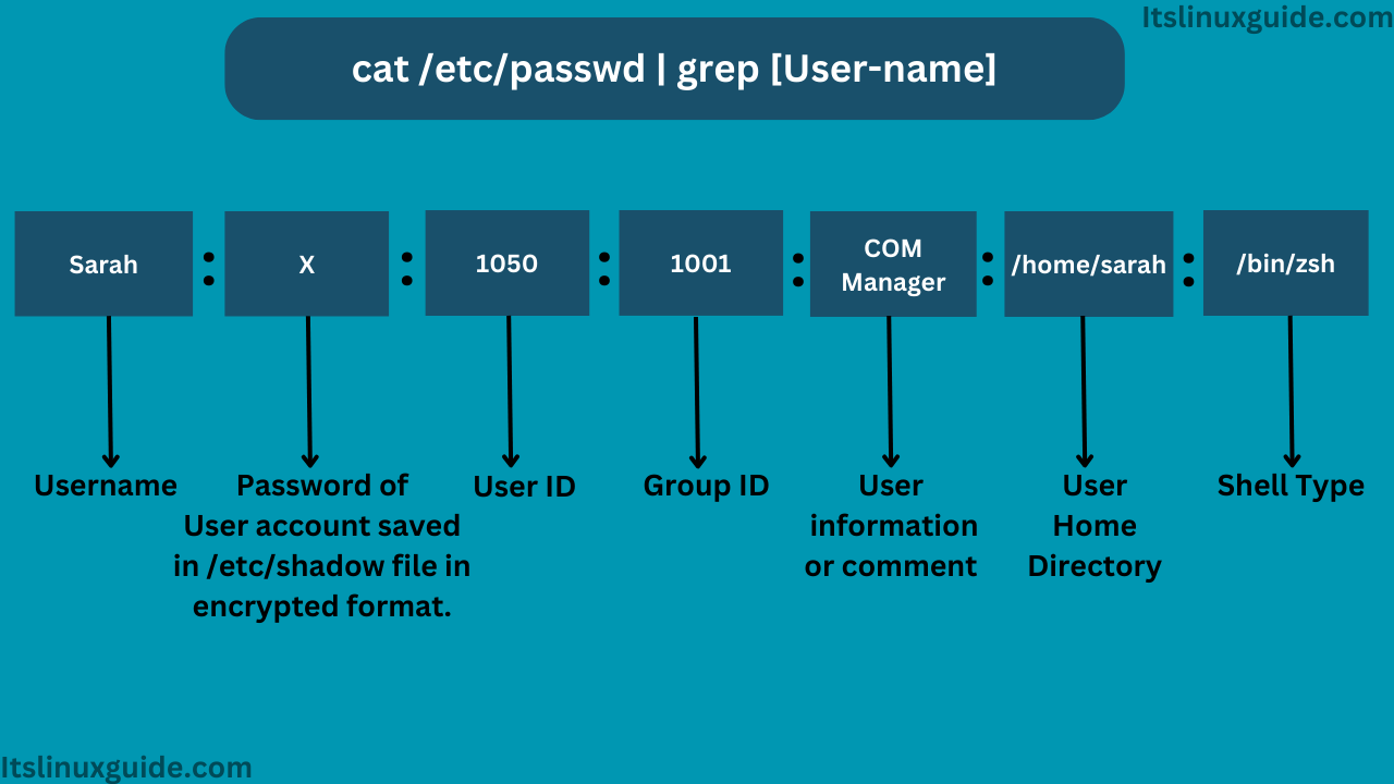 Detailed illustration of cat /etc/passwd [user-name] command. In short it is the explanation of user details of passwd file in Debian. 