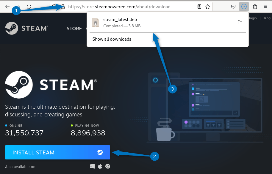 Downloading steam deb file on Debian from its official site