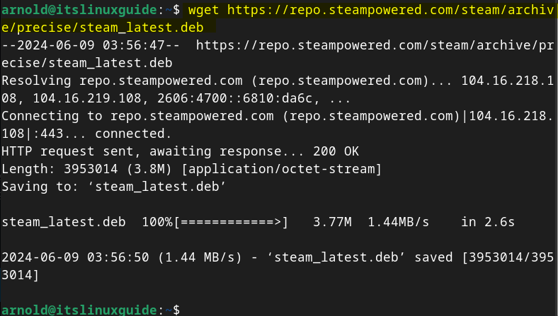 Downloading Steam deb file on Debian using its download link in the terminal.