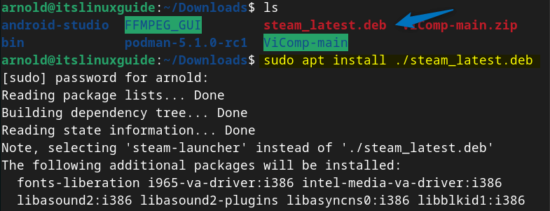 Installing steam using its Deb file on Debian via apt package manger.