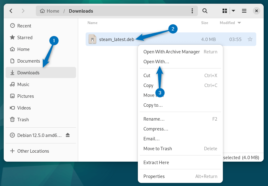 Opening Steam Deb file on Debian with Software install app