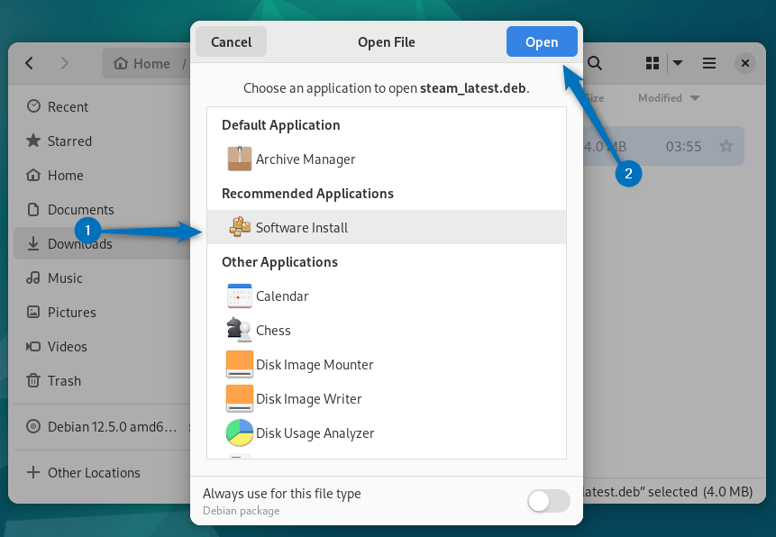 Opening Steam Deb file on Debian with Software install app