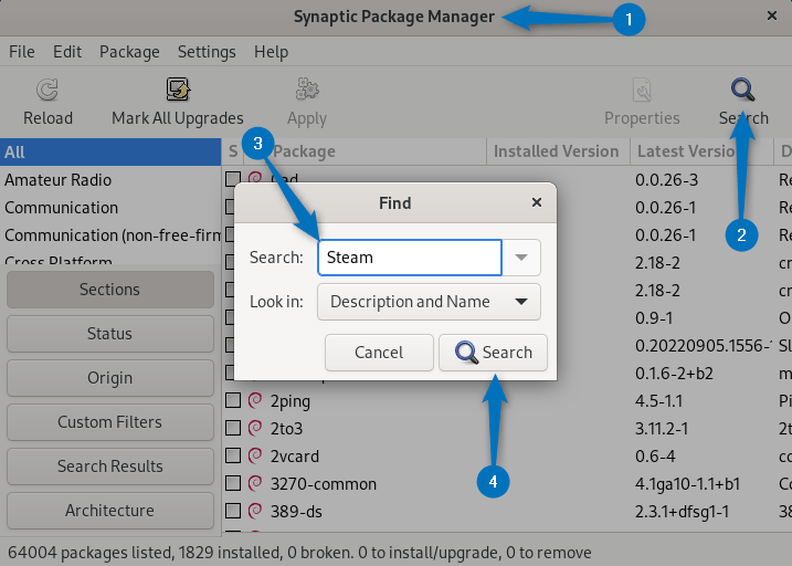 Searching for Steam in Debian 12 synaptic package manager