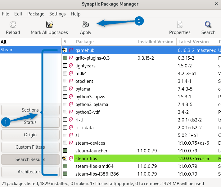 Selecting necessary packages in synaptic package manager to install Steam on Debian