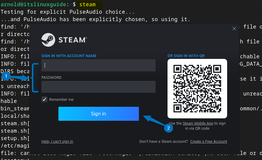 Steam login screen on Debian