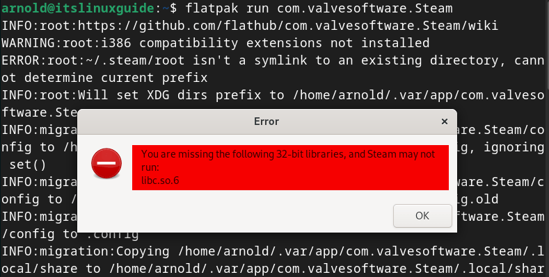 error of missing 32-bit library that is libc.so.6, while launching Steam on Debian using Flatpak