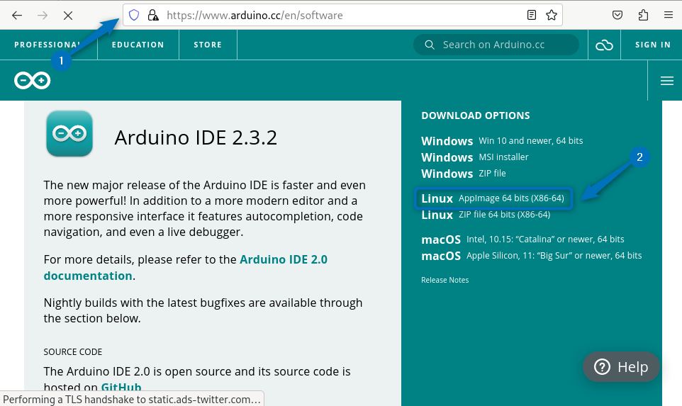 Downloading Arduino IDE AppImage file from Arduino official site on Debian