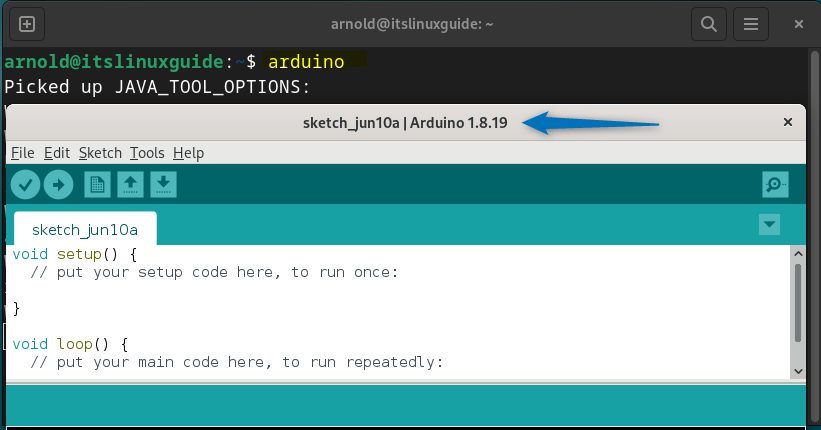 Launching Arduino on Debian installed via Snap package manager.