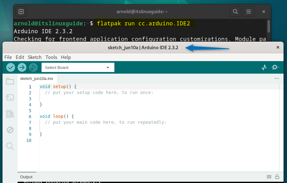 Launching Arduino on Debian 12 installed via Flatpak package manager.