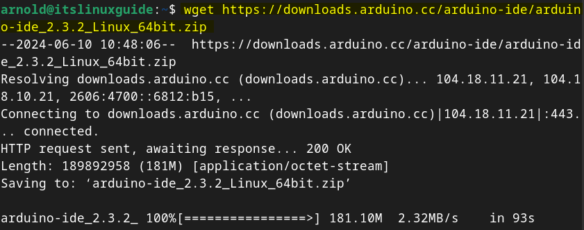 Downloading Arduino IDE Zip file from terminal on Debian