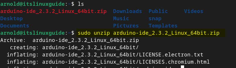 Extracting Arduino IDE Zip file on Debian 12
