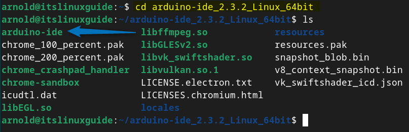 Navigating to extracted directory of Arduino Zip file on Debian