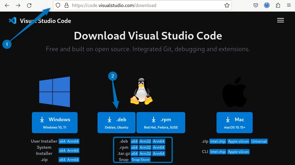 Downloading VS Code Deb file on Debian 