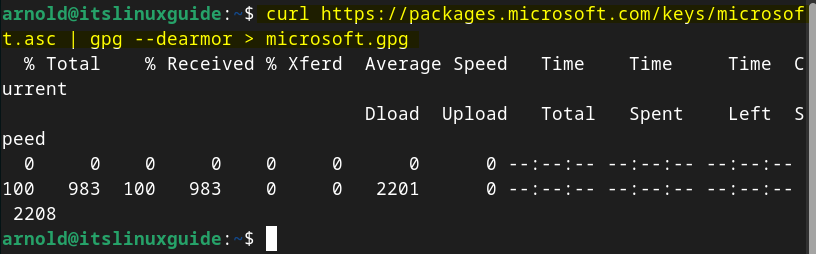 Downloading VS Code GPG key on Debian 12