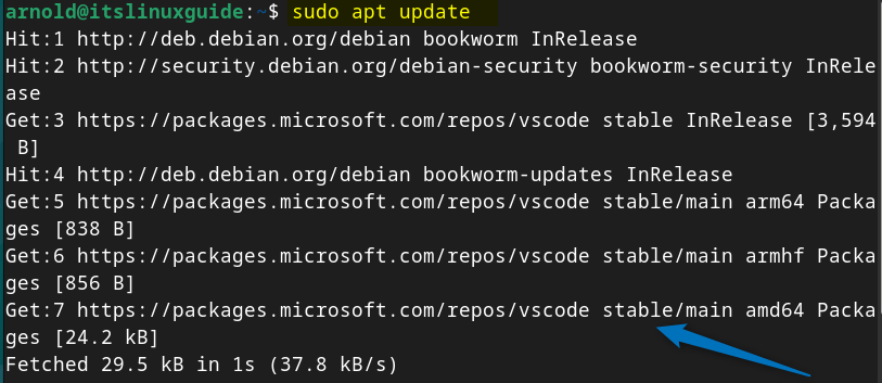 Updating Debian apt packages list to successfully add VS Code repository.