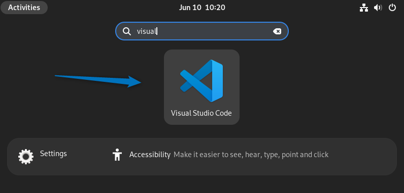 Launching Visual Studio Code on Debian from its applications menu.
