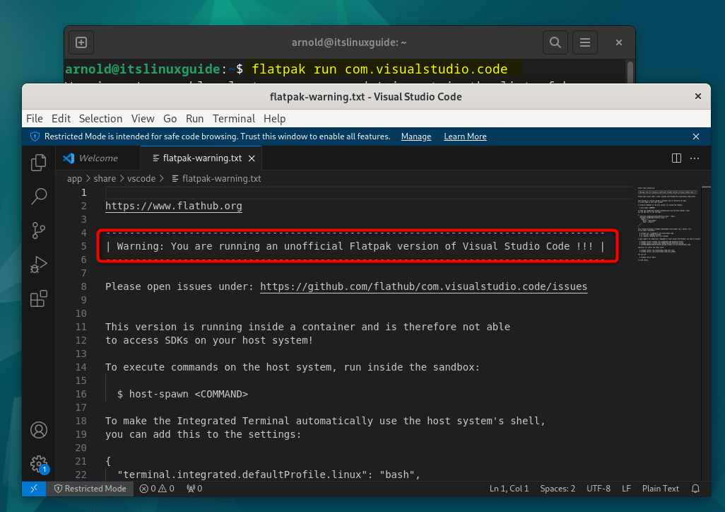 Launching Visual Studio Code on Debian 12 installed through Flatpak