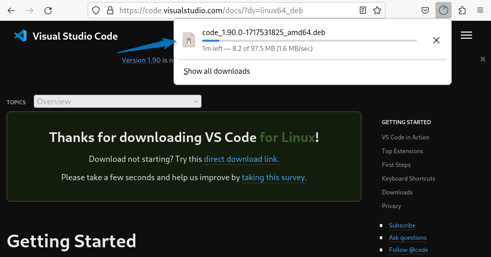 Downloading VS Code deb file on Debian