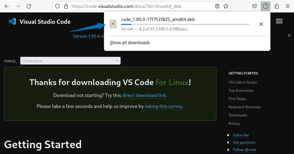 Downloading VS Code deb file on Debian 