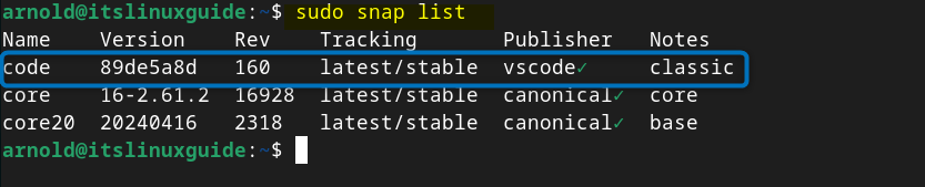 Verifying the Visual Studio Code installation on Debian by listing apps installed via Snap Package manager