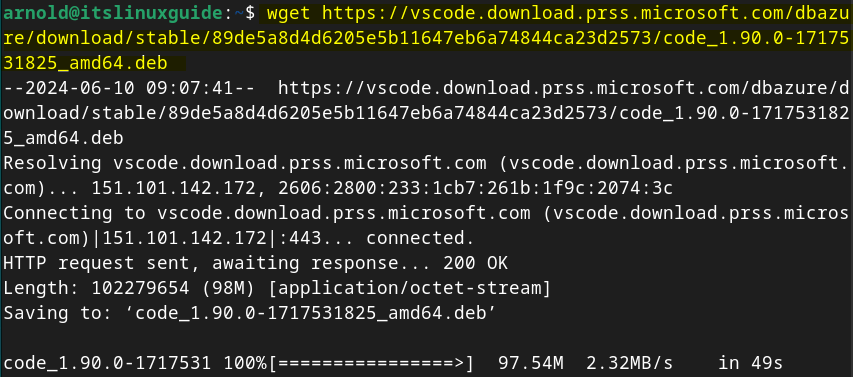 Downloading VS Code deb file using the terminal (deb file download link )